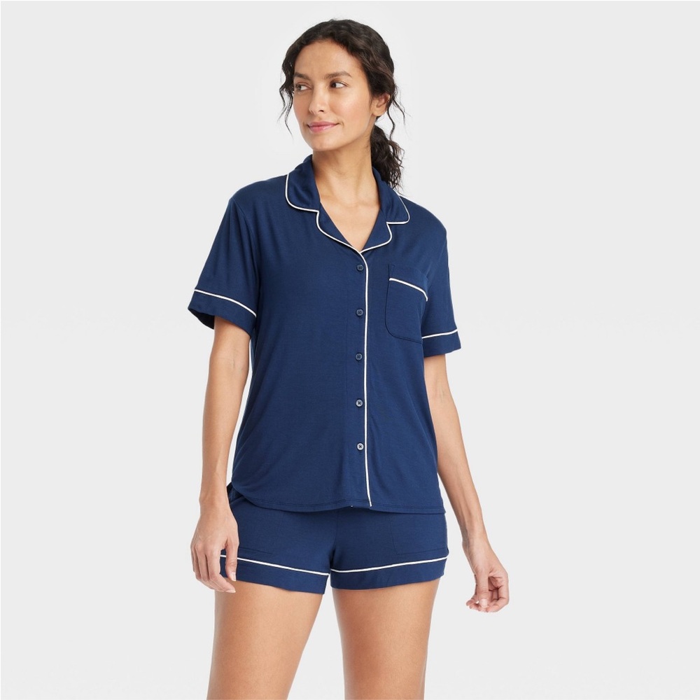 Women's Cloud Knit Short Sleeve Notch Collar Top and Shorts Auden Navy Blue S - Picture 2 of 4